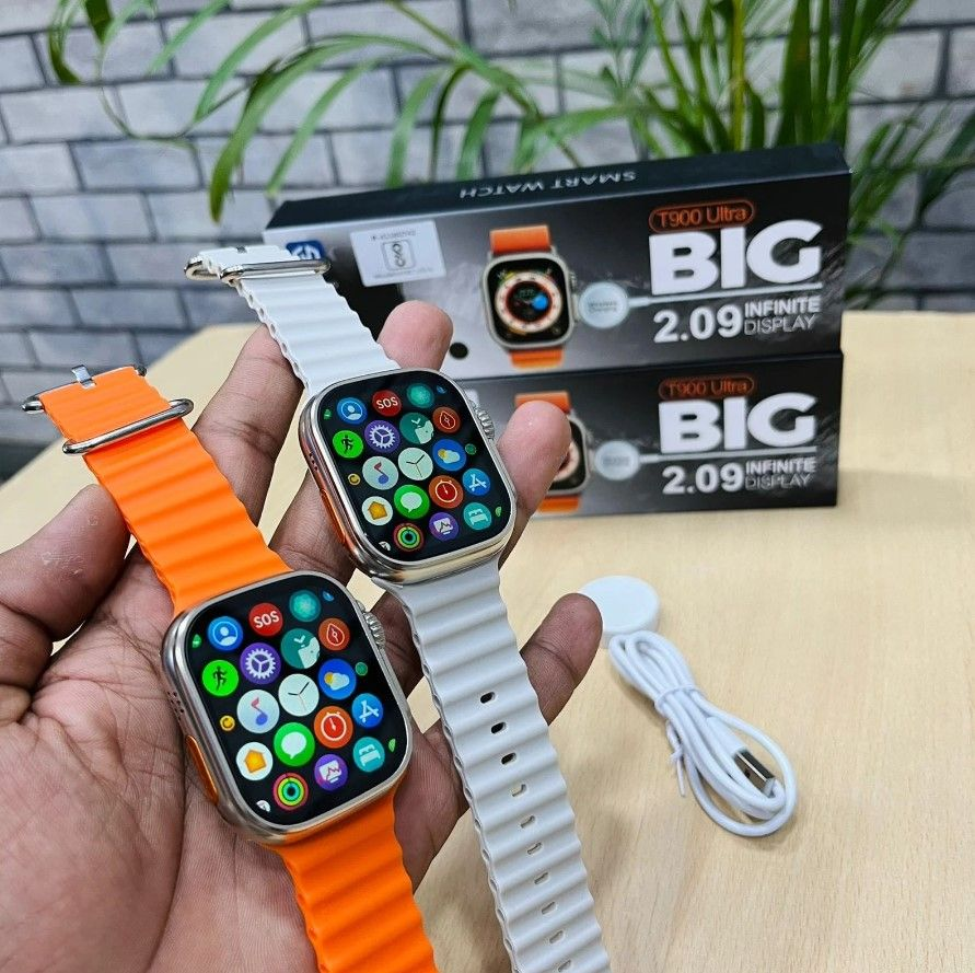 T900 Ultra smart watch with orange and white straps