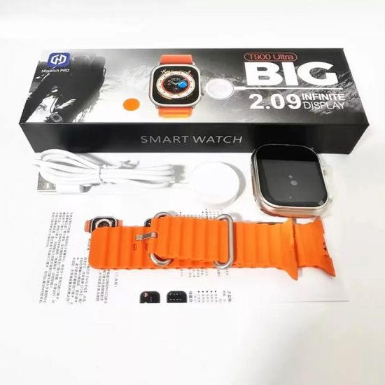 T900 Ultra smart watch package contents with orange strap and charger